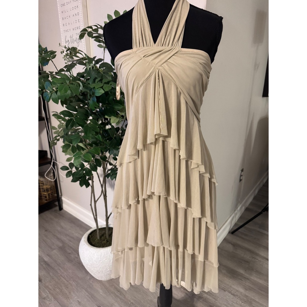 Vero Moda Added Tan Beige Ruffle Tiered Halter Cocktail Dress Women